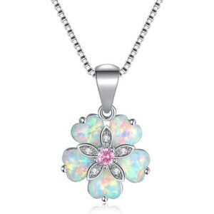 White Gold Plated Flower Opal Necklace with Pink Topaz & Zircon, 18-inch chain